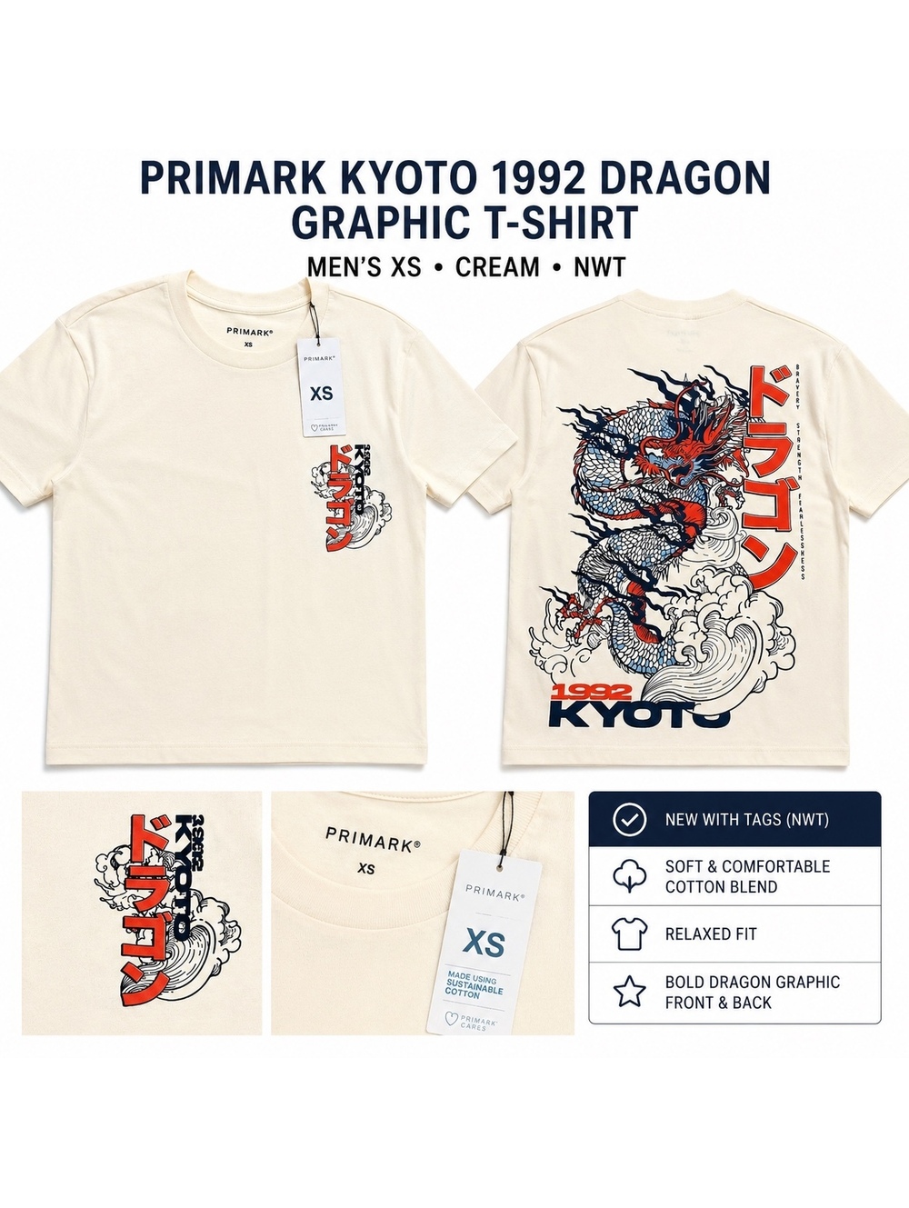 Primark Kyoto 1992 Dragon Graphic T-Shirt XS Cream NWT Japanese Streetwear